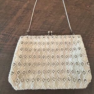gorgeous 1950s white bead and rhinestone clutch